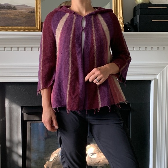 Free People Aztec Boho Fringe Open Wool Hooded Cardigan M festival cabin knit - Picture 9 of 12